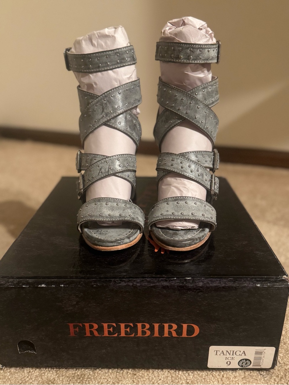 freebird Tanica Ice Strappy Studded Heels in Ice Gray